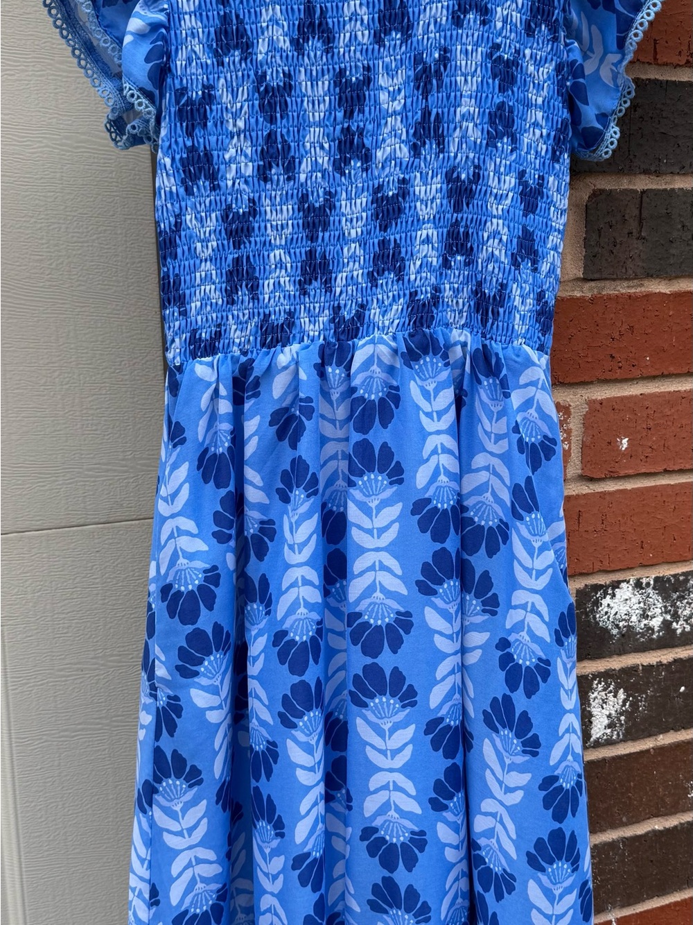 J Marie Blue Floral Smocked Midi  Women's Dress